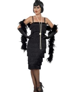 Black Flapper Costume – Long Dress, Headband & Gloves