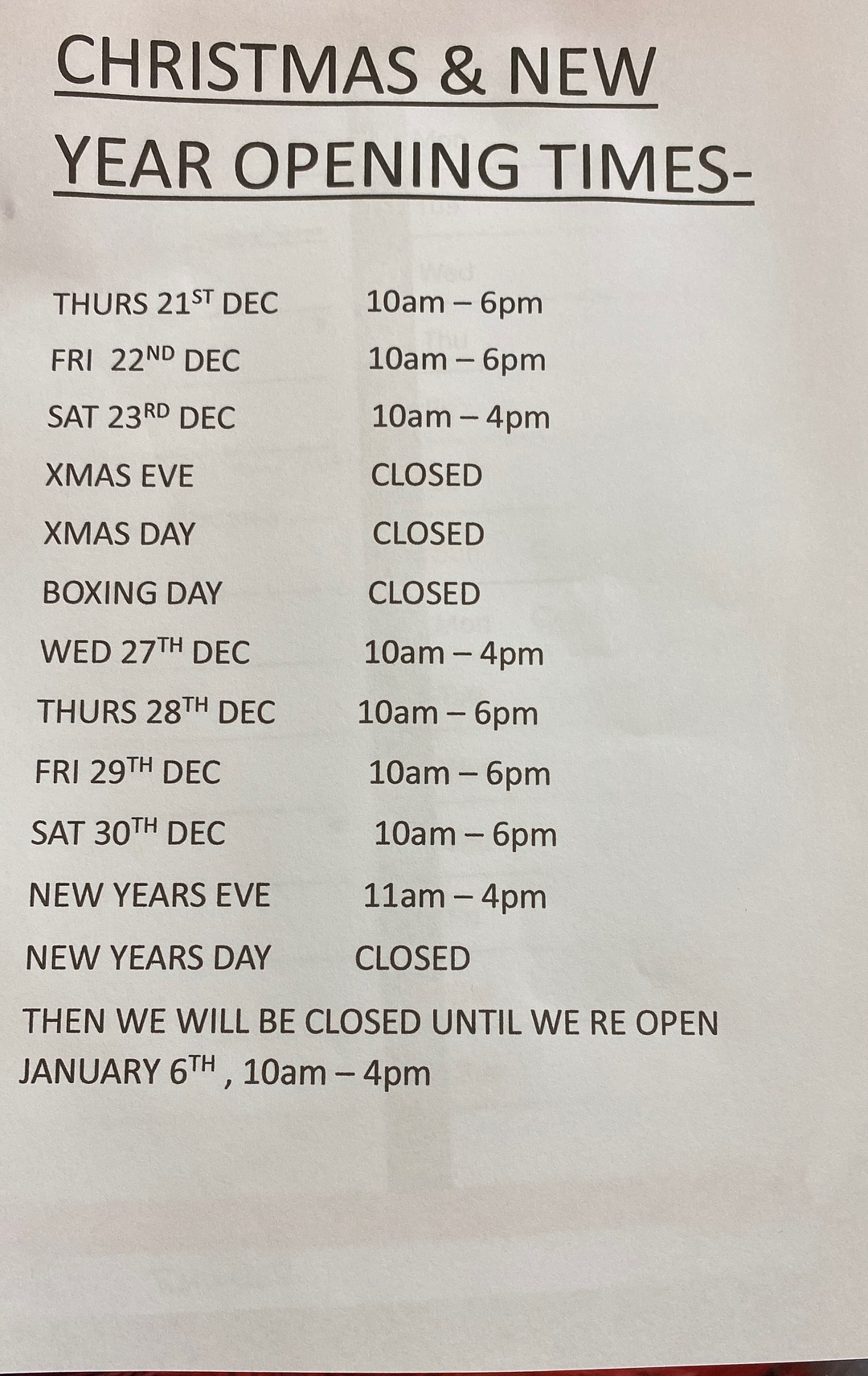 Christmas & New Year Opening Times 2023