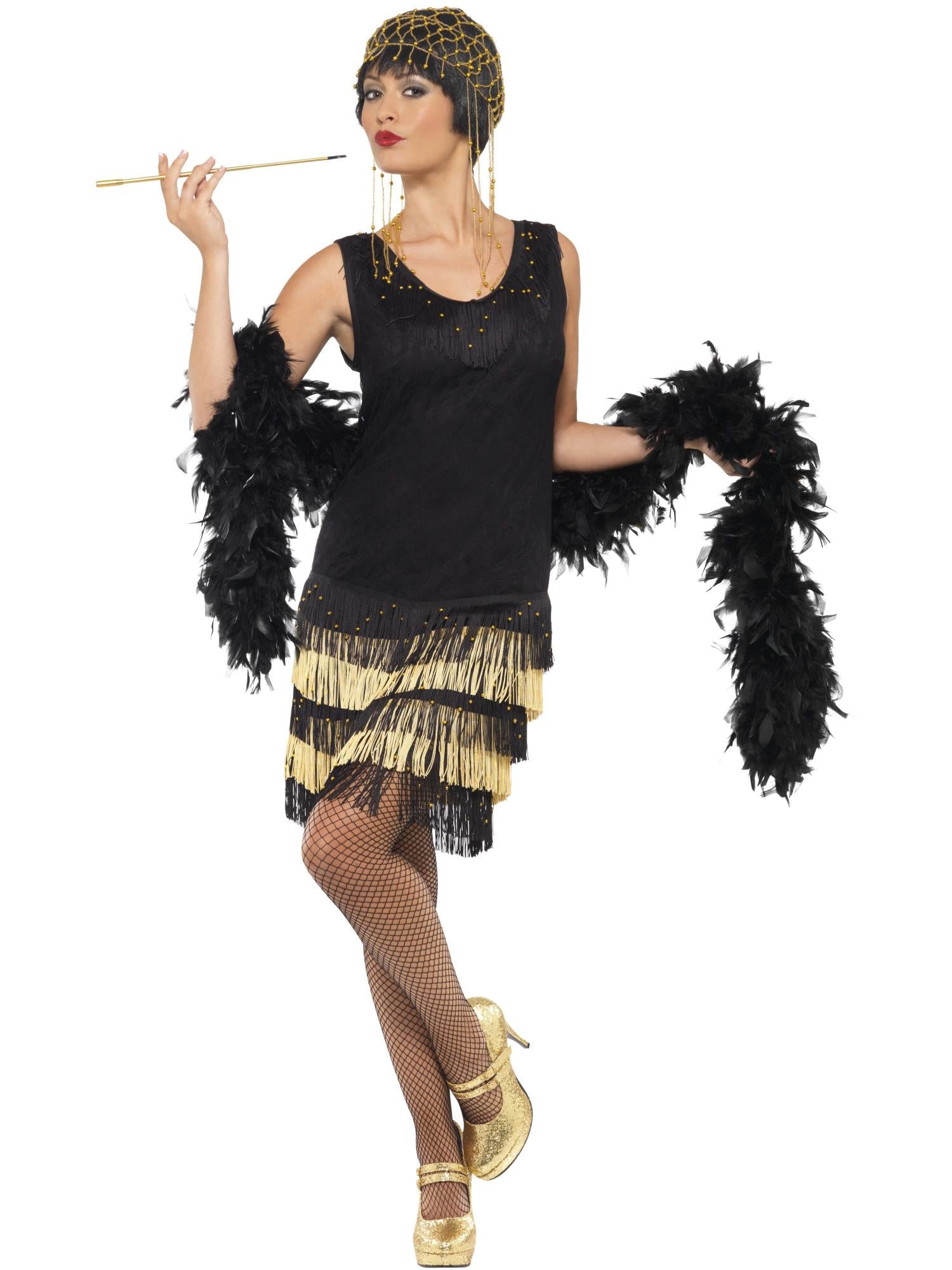 20s Fringed Flapper Costume , Black / Gold
