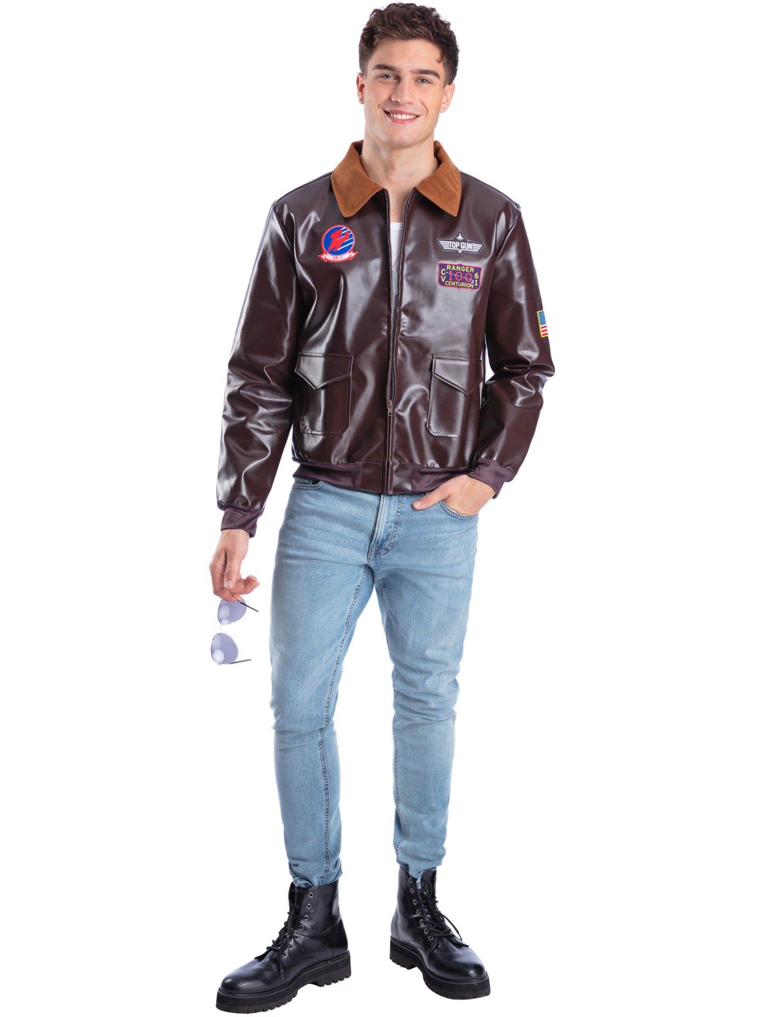 Licensed Top Gun Bomber Jacket – Brown with Motifs - Image 2