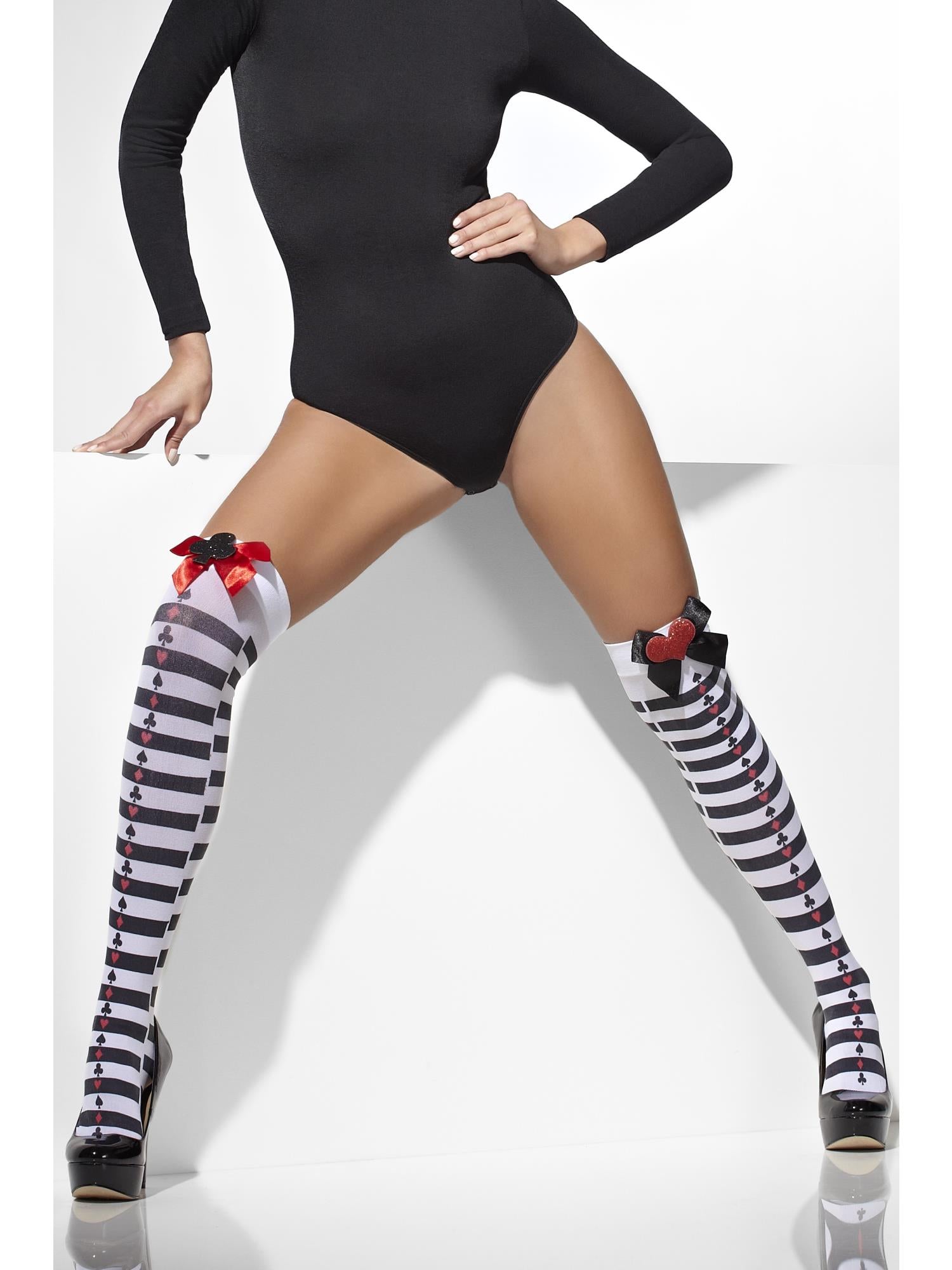 Opaque Hold-Ups – Black & White Striped with Red Bows - Image 2