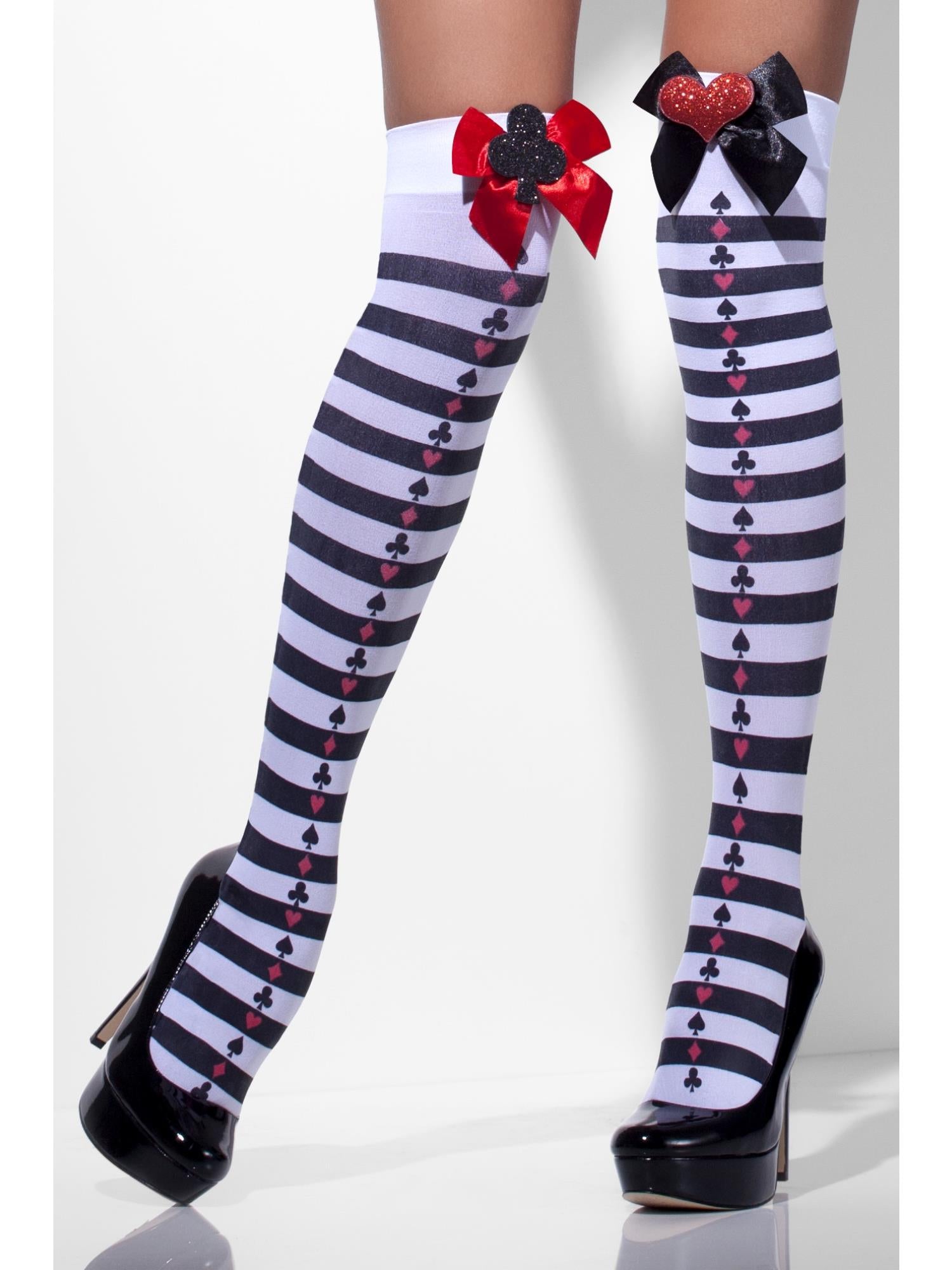 Opaque Hold-Ups – Black & White Striped with Red Bows