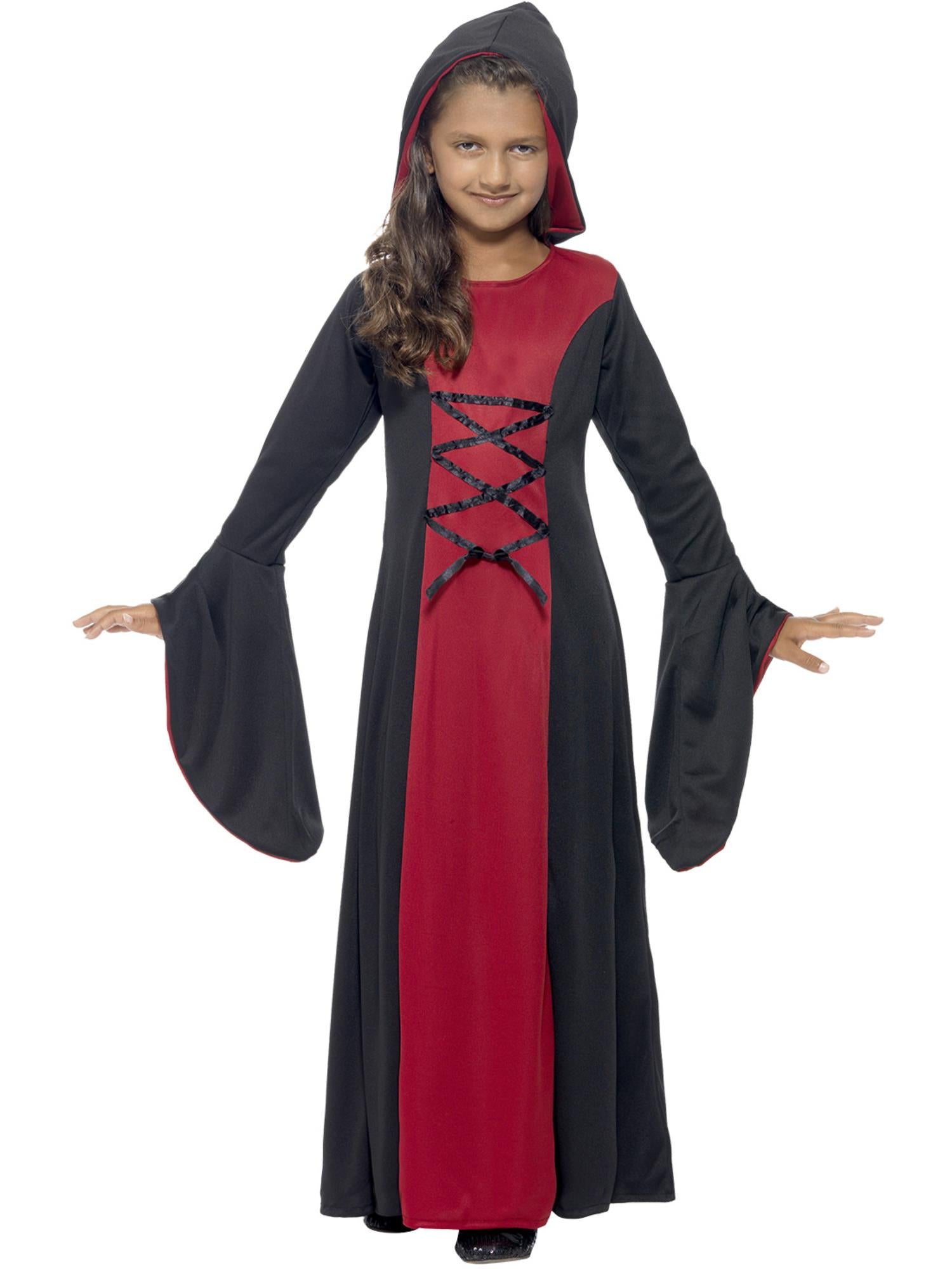 Girls Vamp Costume – Red & Black Hooded Dress with Lace-Up Detail - Image 2