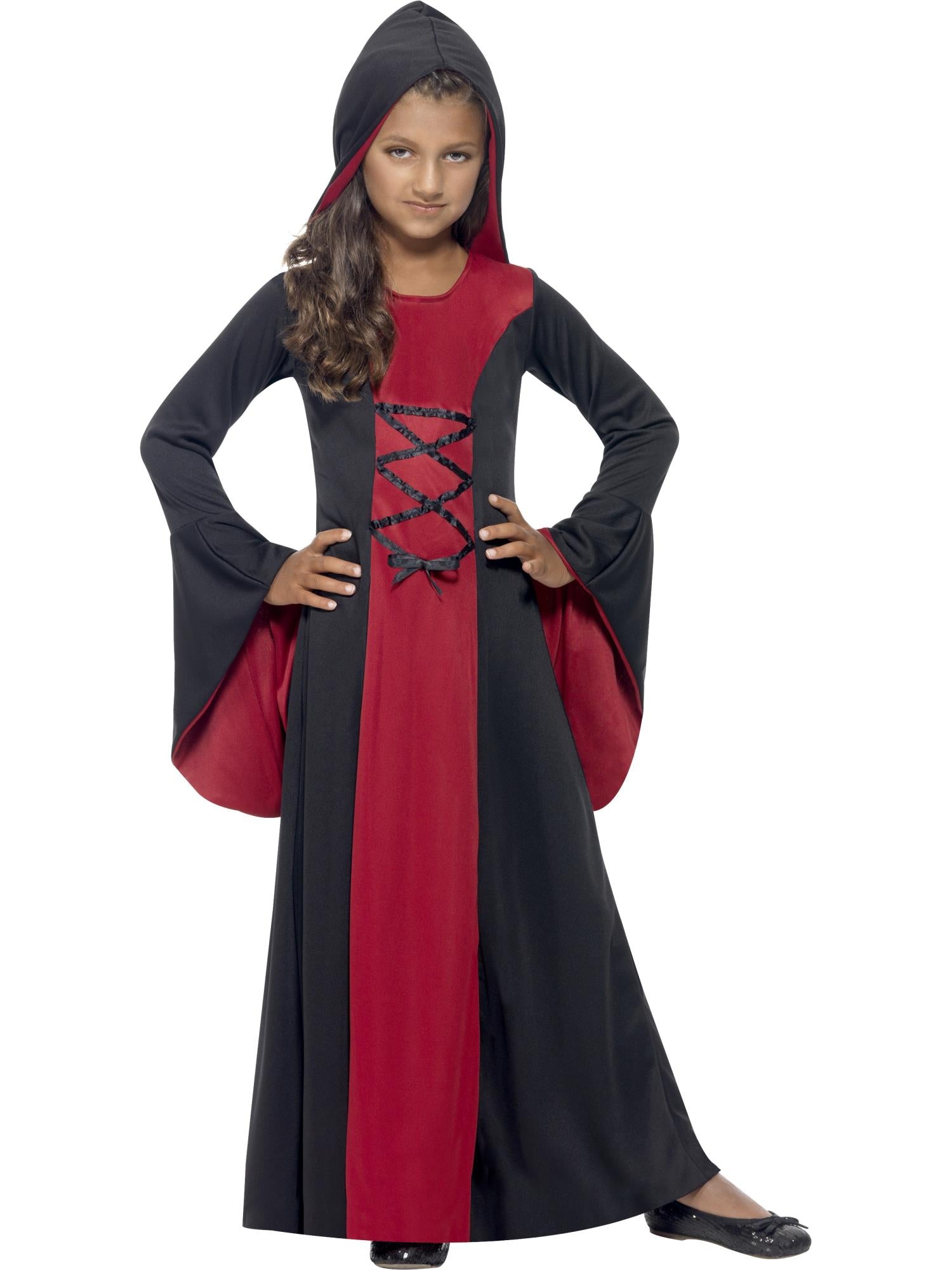 Girls Vamp Costume – Red & Black Hooded Dress with Lace-Up Detail