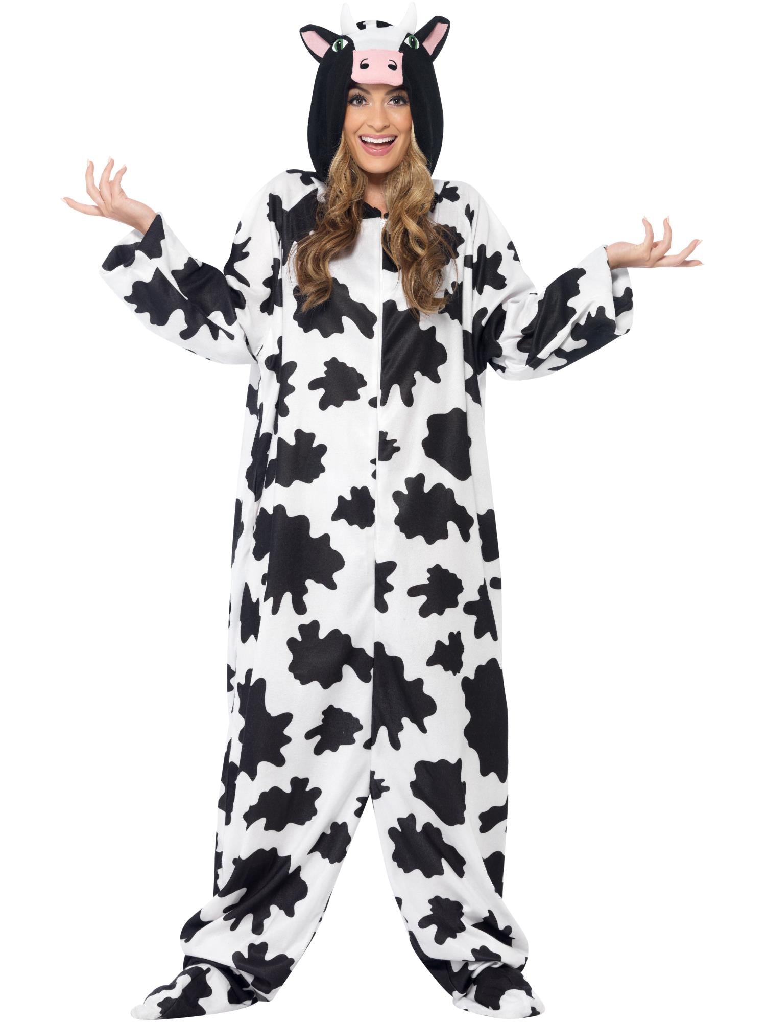 Adult Cow Costume – Black & White Hooded All-In-One - Image 4