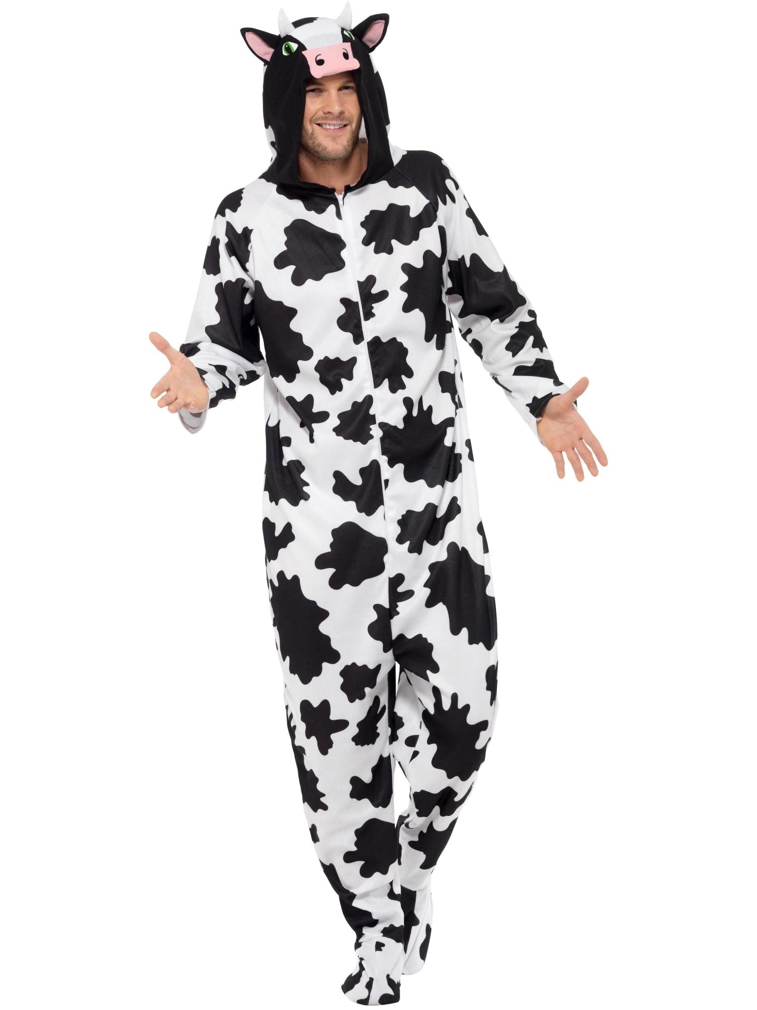 Adult Cow Costume – Black & White Hooded All-In-One