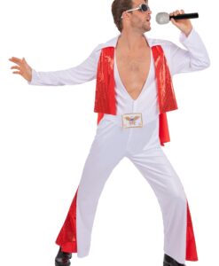 🎤 Elvis White Jumpsuit Costume – All-in-One with Cape & Red Trim