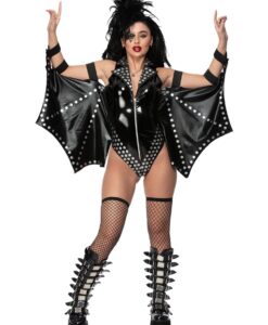 Fever Rockstar Costume – Black & Silver Bodysuit with Winged Cape