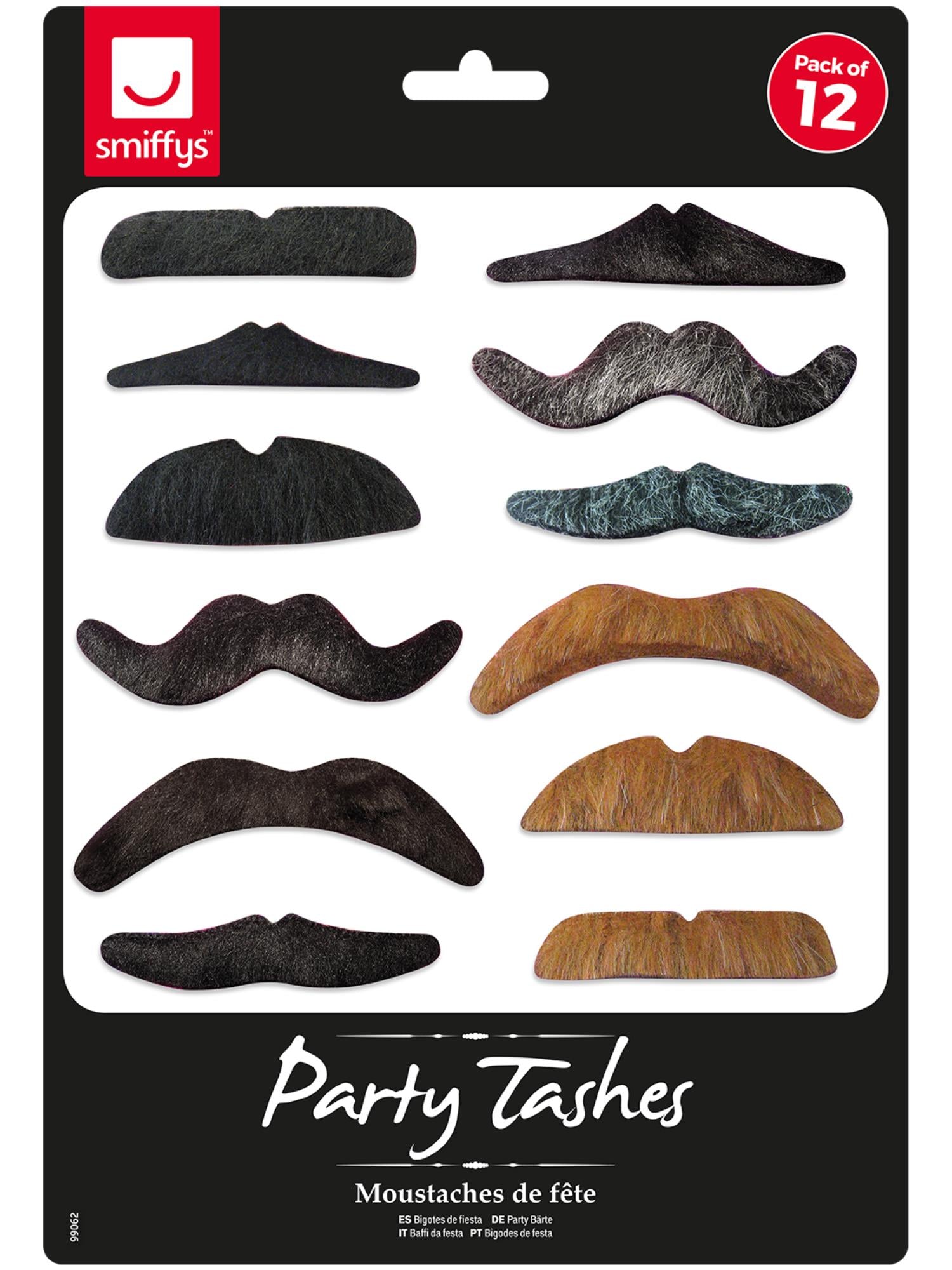 Party Tashes – Assorted Designs & Colours (12 Pack)