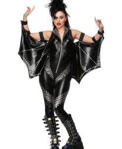 Fever Rockstar Costume – Black & Silver Jumpsuit with Winged Cape