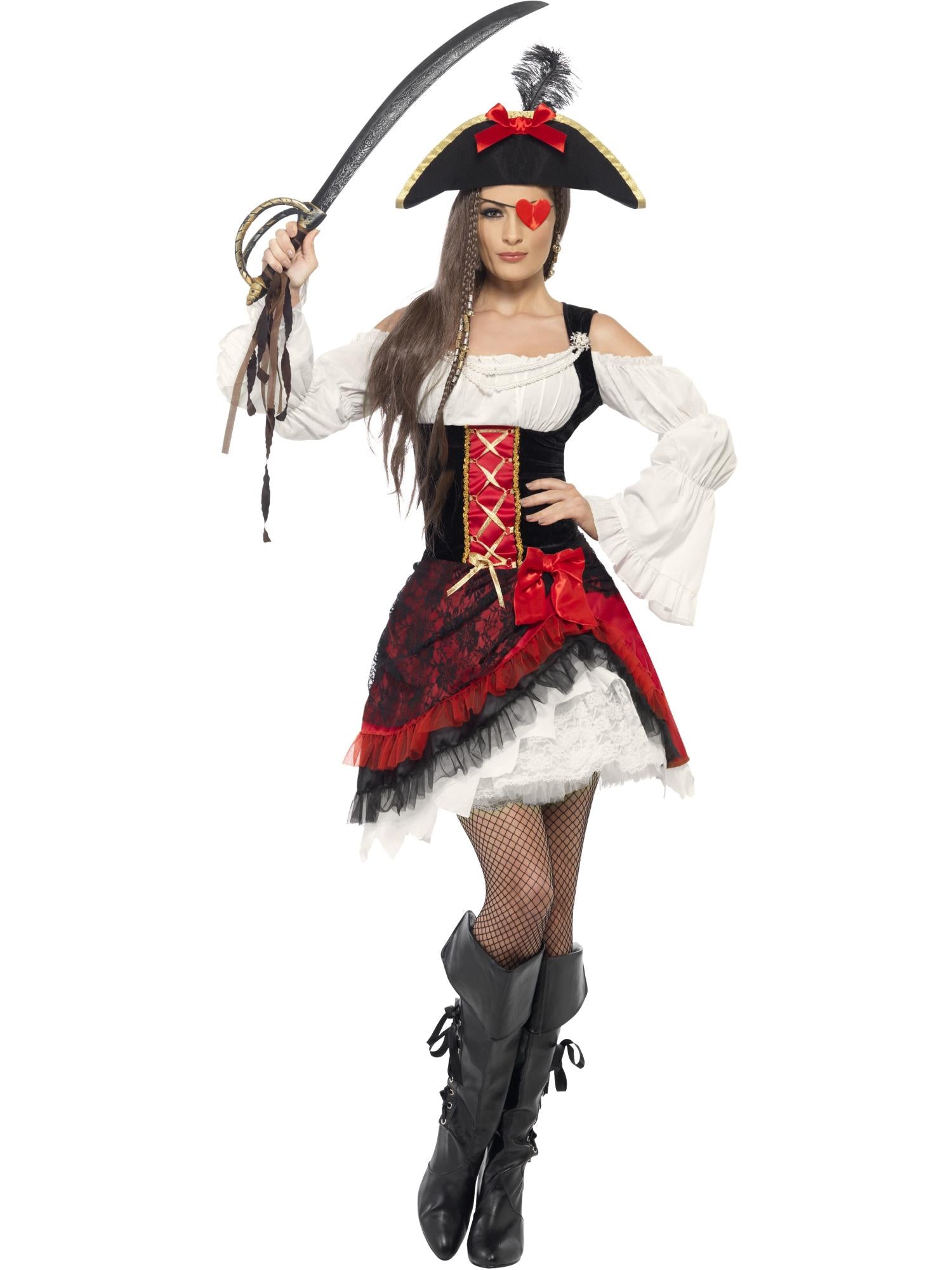 Glamorous Lady Pirate Costume – Red Dress & Hat - Image 2
