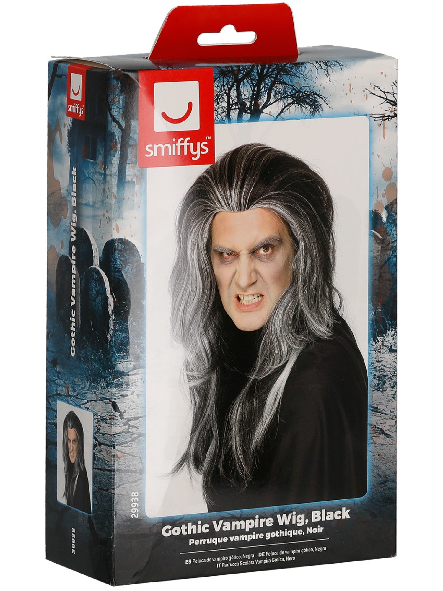 Gothic Vampire Wig – Black, Long with White Highlights Fancy Dress Wig - Image 4