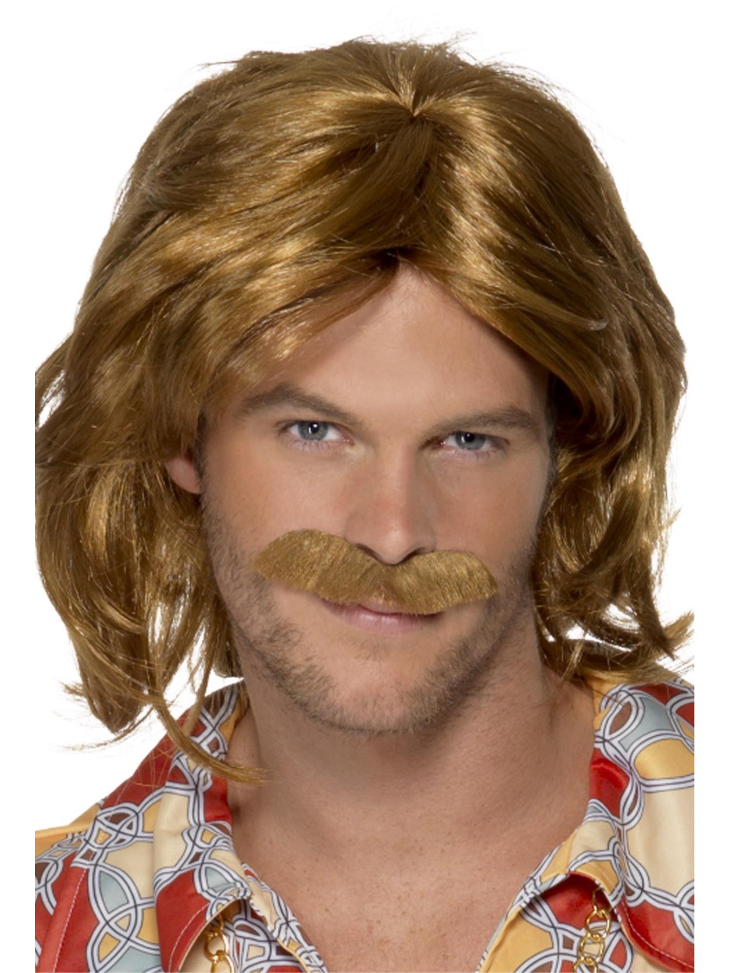 70s Super Trouper Wig & Moustache – Brown, Mid-Length Fancy Dress Set