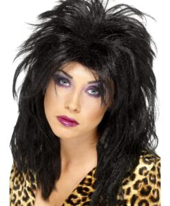 80s Popstar Wig – Black, Long Tousled Mullet Fancy Dress Wig