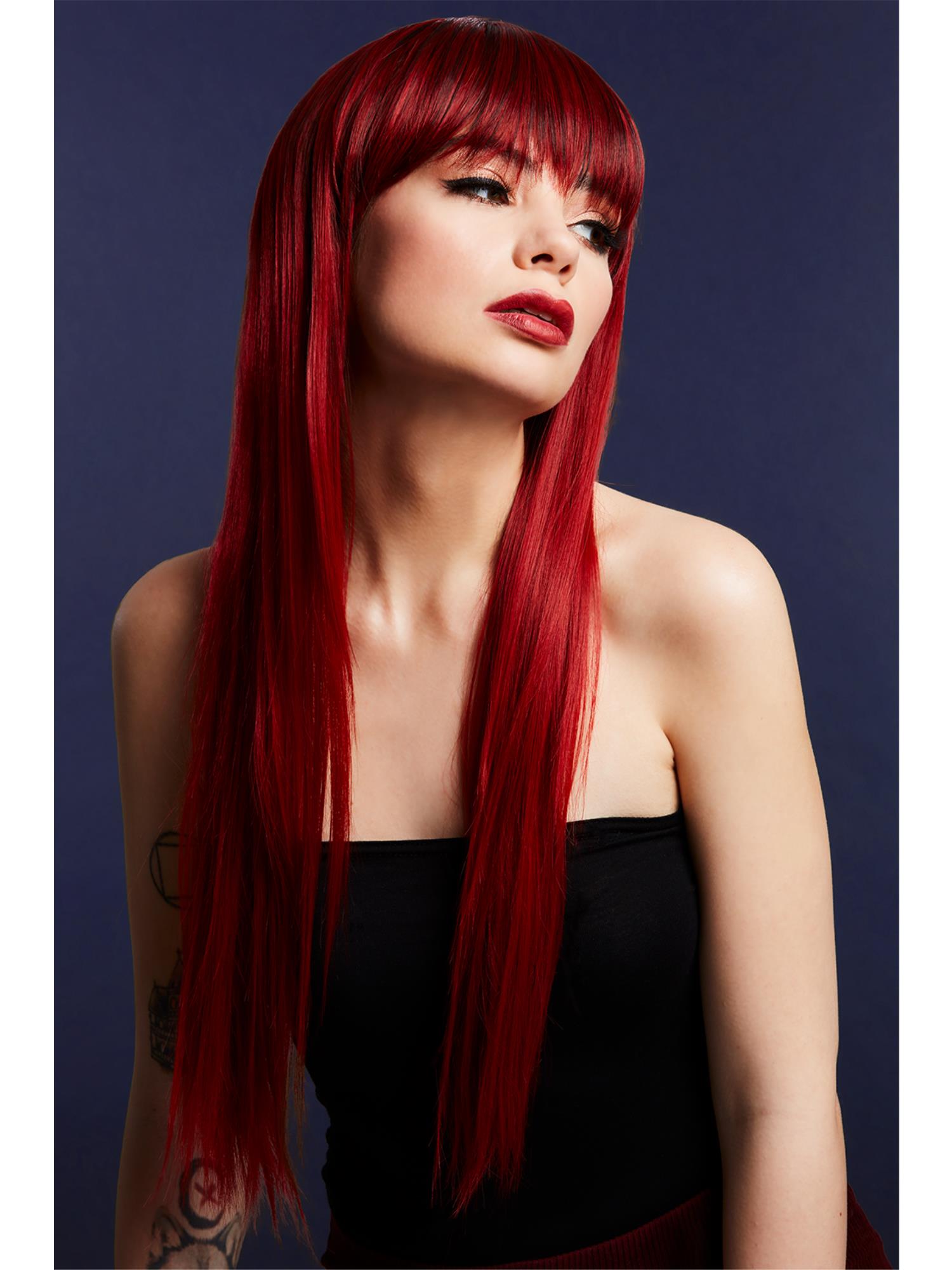 Fever Jessica Wig – Long Straight with Fringe 66cm / 26in | Deluxe Quality | Ruby Red