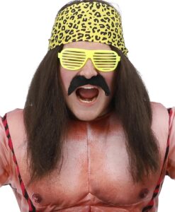 90s Wrestling Star Kit – Brown Fancy Dress Set  Wig, Bandana, Self-Adhesive Tash & Specs