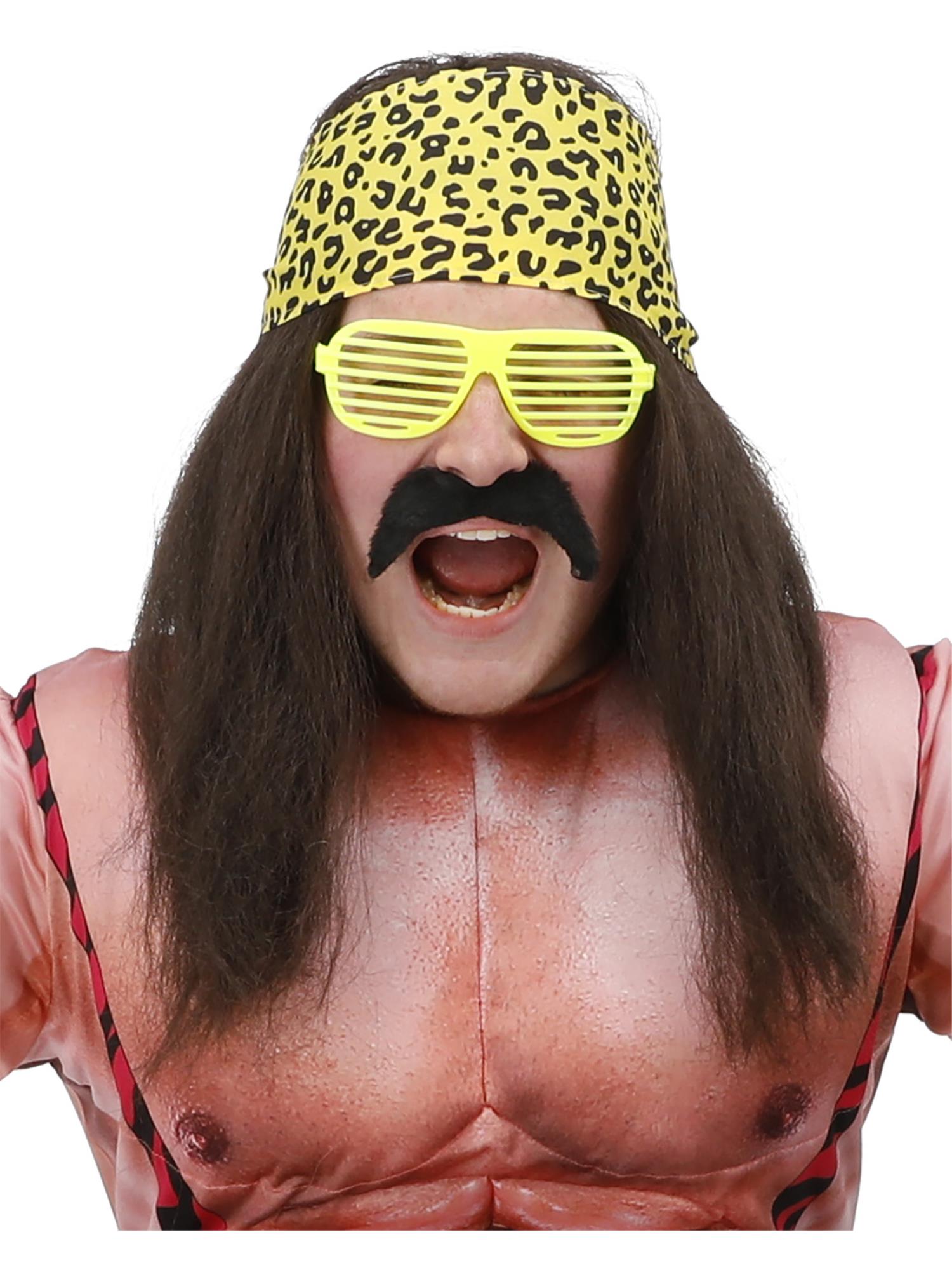 90s Wrestling Star Kit – Brown Fancy Dress Set Wig, Bandana, Self-Adhesive Tash & Specs