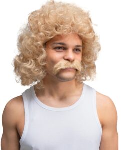80s / 90s Perm Wig with Moustache – Blonde