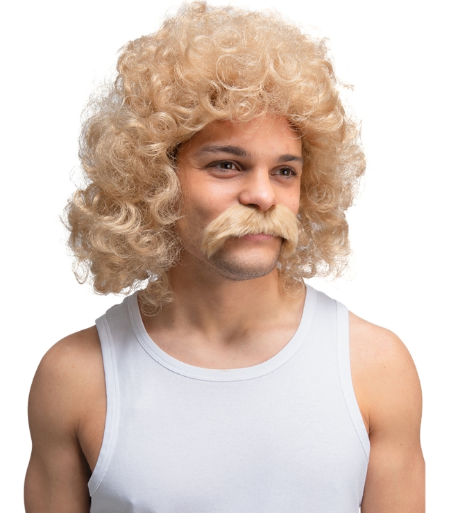 80s / 90s Perm Wig with Moustache – Blonde